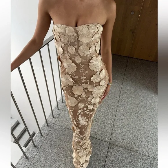 bronx and banco jasmine 3d floral applique lace strapless maxi dress gown XS NEW - Picture 5 of 17